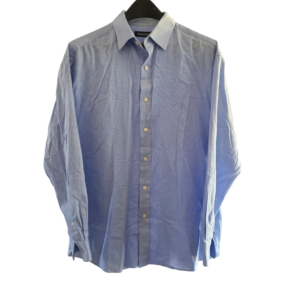 Nautica Mens Dress‎ Shirt Blue Striped Long Sleeve Button Up Collared 16.5